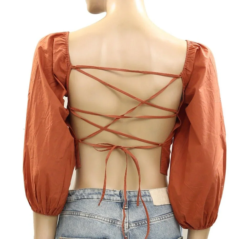 Leger By Lena Gercke Brown Cropped Blouse Top Balloon Sleeve LaceUp XS-34 277972